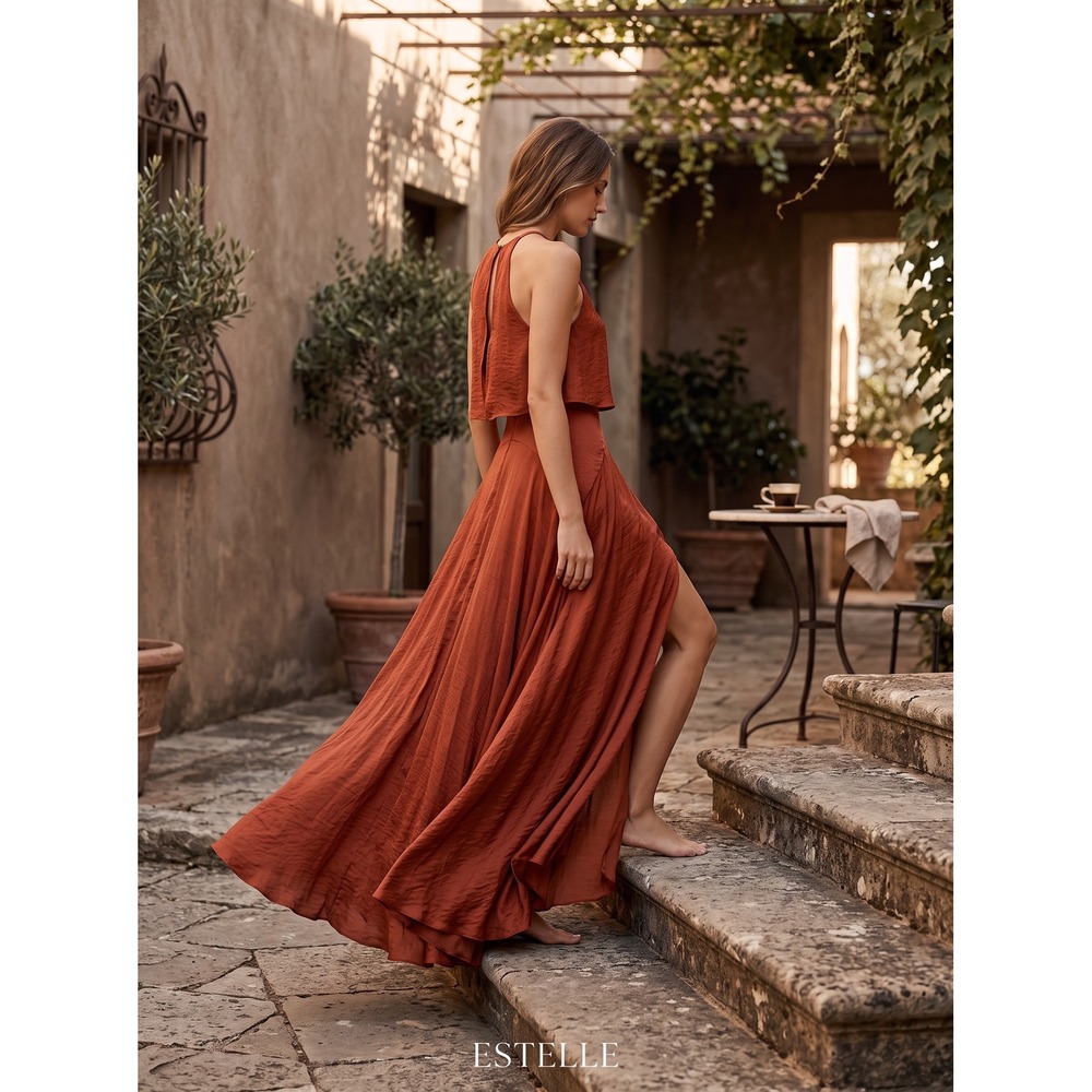Boho Maje Ranita Maxi Dress Cutout Layered Rust Orange Tomette Size 1 S 36